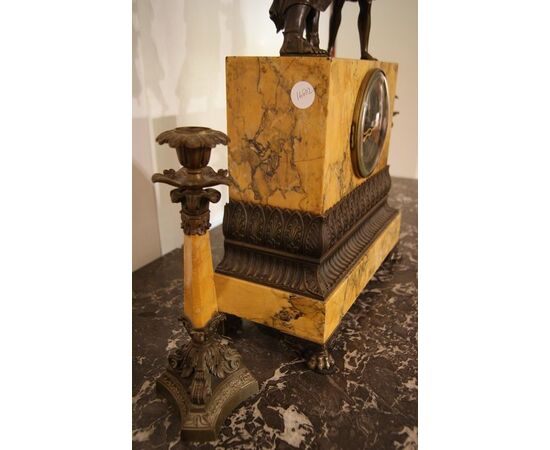 Siena yellow marble clock triptych with bronzes and candlesticks from 1800s France