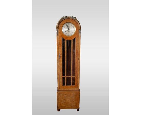 Early 20th century Art Deco style burl wood grandfather clock with bronze applications