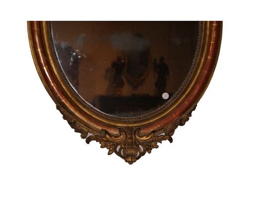 Antique Louis XV oval mirror, mid-1800s, French, gilded gold leaf, visible bole