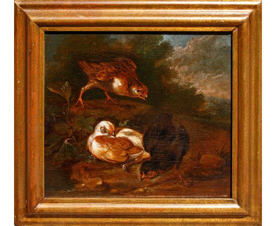 Scuola emiliana, XVIII secolo, Coppia di nature vive con volatili