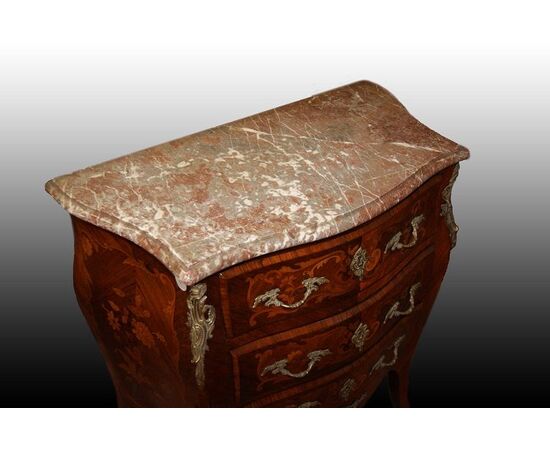 French Louis XV style commode richly inlaid of the 1800s with bronzes and marble