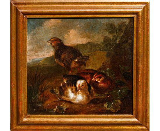Scuola emiliana, XVIII secolo, Coppia di nature vive con volatili