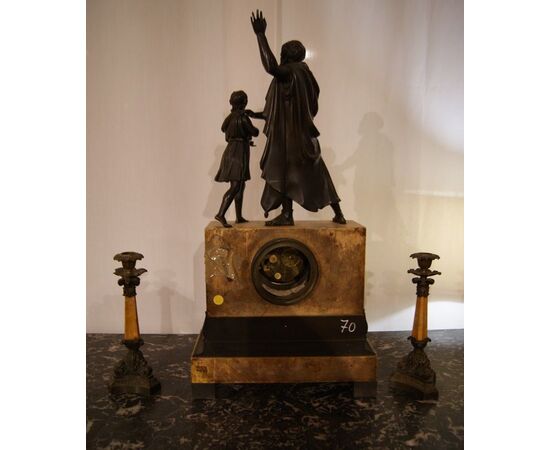 Siena yellow marble clock triptych with bronzes and candlesticks from 1800s France