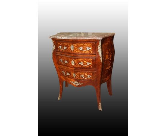 French Louis XV style commode richly inlaid of the 1800s with bronzes and marble