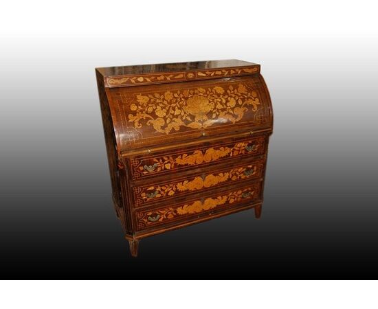 Stunning Dutch roll-top commode from the early 1800s, Louis XVI style, in richly inlaid mahogany.