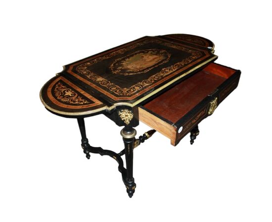 Living room table with Louis XVI style inlaid ebony wood flaps