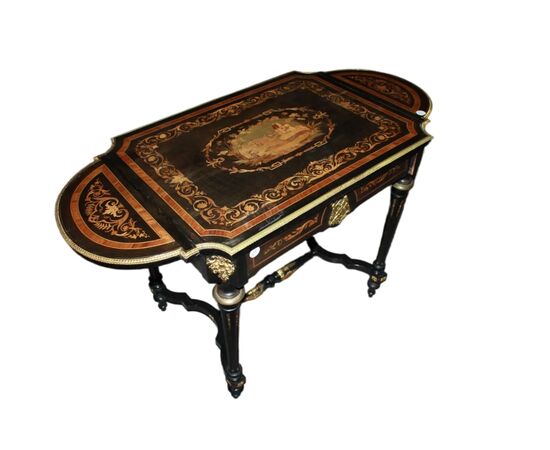 Living room table with Louis XVI style inlaid ebony wood flaps