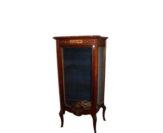 French Louis XV Style Display Cabinet with Bronze and Mahogany Wood Marble Top