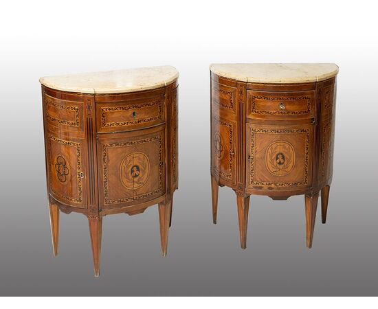 Pair of antique Louis XVI Neapolitan demi-lune sideboards belonging to the second half of the 18th century.
