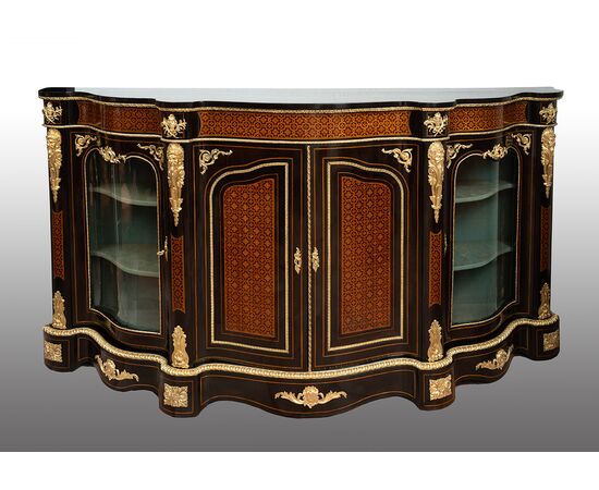 Antique Napoleon III sideboard in fine exotic woods with gilded bronze inserts. 19th century period.