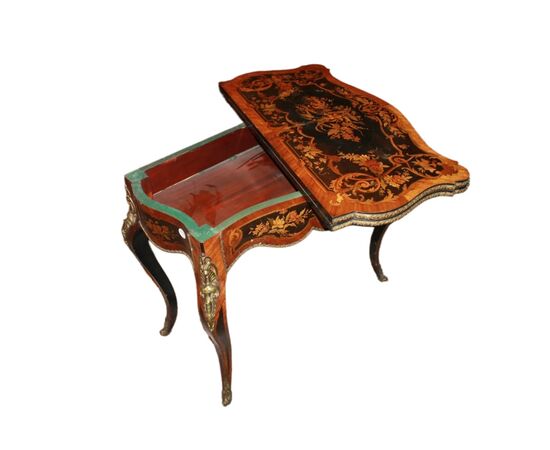 Tavolino da Gioco Francese Stile Luigi XV Riccamente Intarsiato del 1800