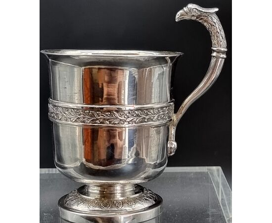 English silver cup with bird of prey head handle, 19th century