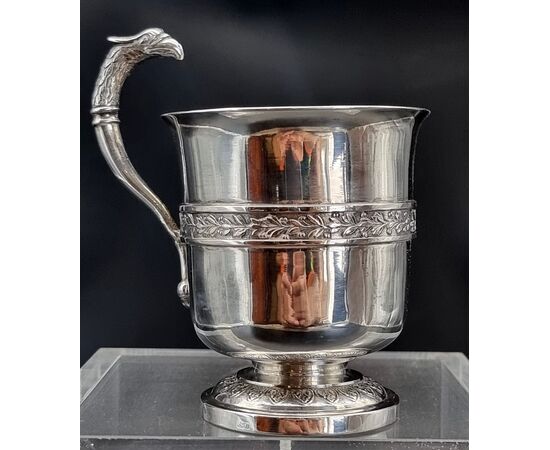 English silver cup with bird of prey head handle, 19th century