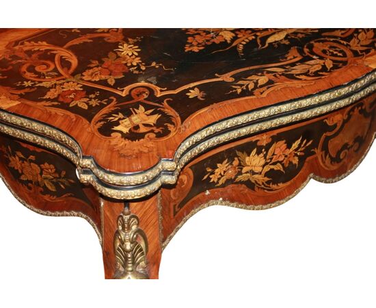 Tavolino da Gioco Francese Stile Luigi XV Riccamente Intarsiato del 1800