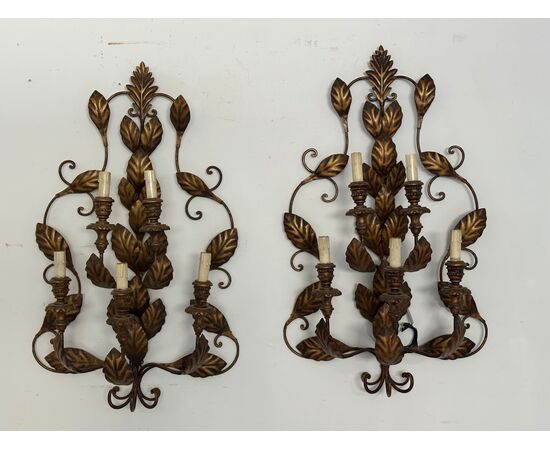 Pair of antique 5-light sconces from the late 19th century with leaf motifs
