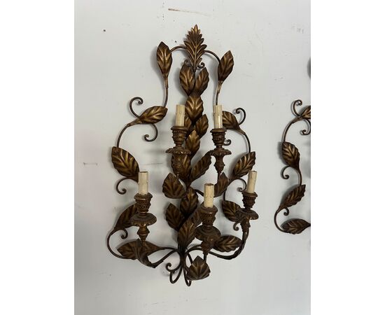 Pair of antique 5-light sconces from the late 19th century with leaf motifs
