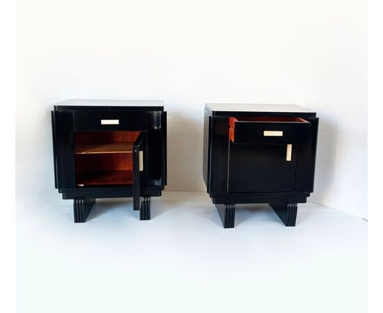 Pair of Art Deco 1930 bedside tables - black lacquered