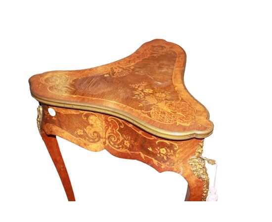Inlaid Louis XV style triangular table from the 1800s