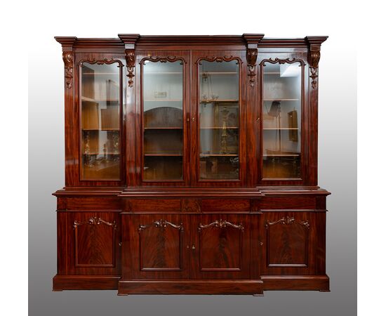 Libreria antica Vittoriana a quattro ante in piuma di mogano.Inghilterra XIX secolo.