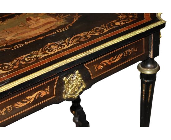 Living room table with Louis XVI style inlaid ebony wood flaps