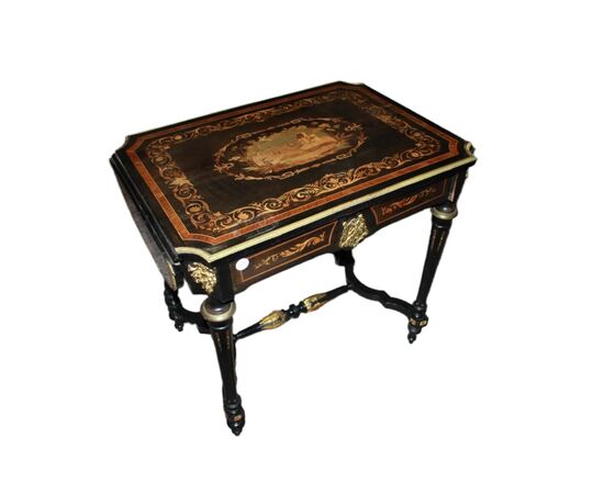 Living room table with Louis XVI style inlaid ebony wood flaps