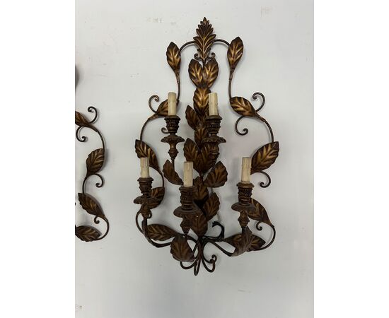 Pair of antique 5-light sconces from the late 19th century with leaf motifs