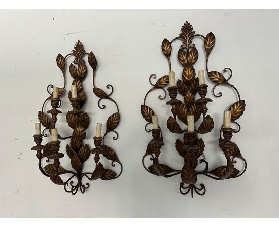 Pair of antique 5-light sconces from the late 19th century with leaf motifs