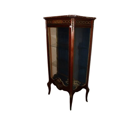 French Louis XV Style Display Cabinet with Bronze and Mahogany Wood Marble Top