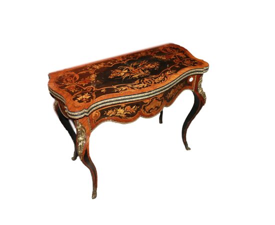 Tavolino da Gioco Francese Stile Luigi XV Riccamente Intarsiato del 1800