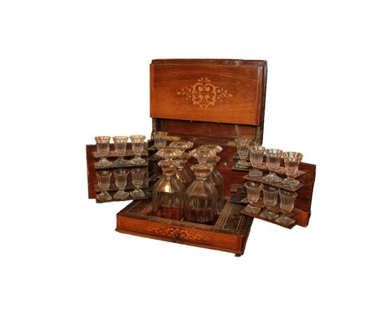 Charles X Style Liquor Box from the 1800s with Inlays, Glasses and Bottles