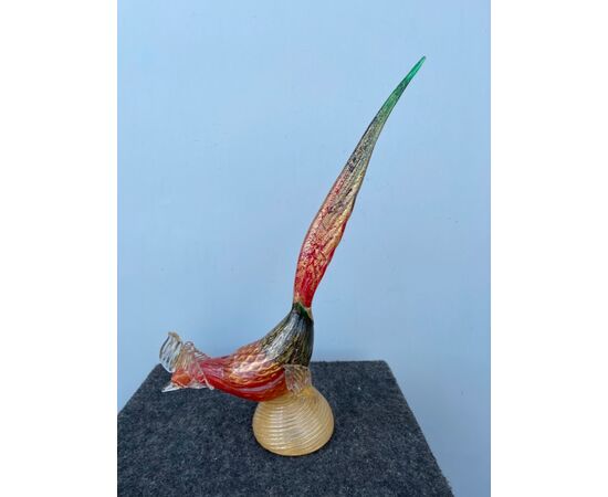 Bird in polychrome submerged glass with inclusion of bubbles and gold leaf Archimede Seguso     