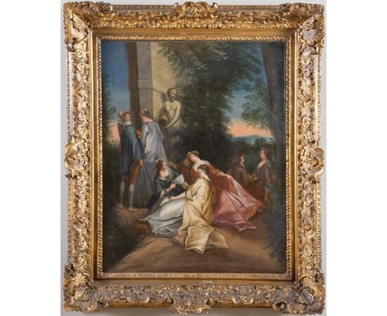 Scena galante – dipinto ad olio su tela, francese, di epoca rococò.