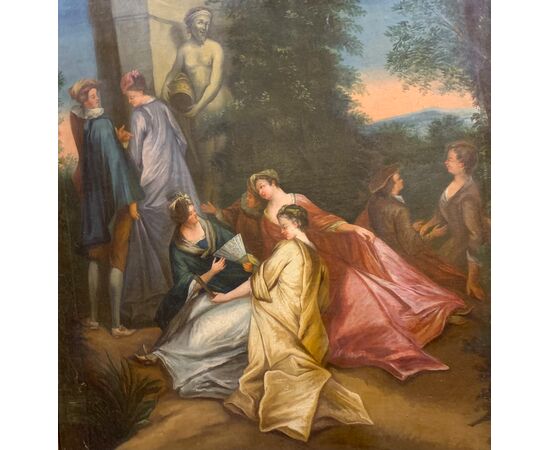 Scena galante – dipinto ad olio su tela, francese, di epoca rococò.