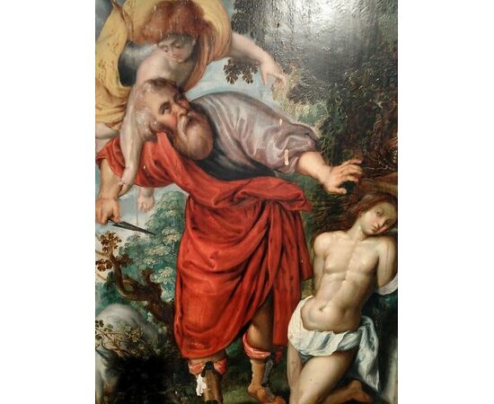 Wonderful oil painting on panel "Sacrifice of Isaac" Italian from the 1500s with a wonderful frame