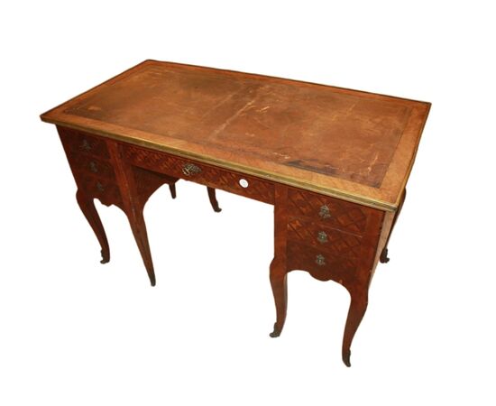 Scrivania Francese Stile Transizione Intarsiata e con piano in Pelle XIX secolo