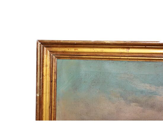 Early 19th-century Italian oil on canvas depicting Mountain Landscape with Lake and Figures