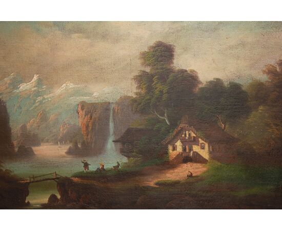 Early 19th-century Italian oil on canvas depicting Mountain Landscape with Lake and Figures