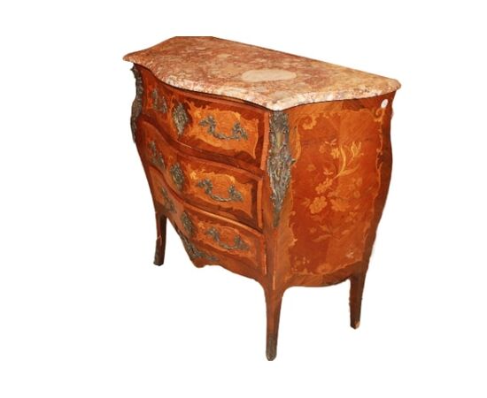 Cassettone di medie dimensioni Francese del 1800 Stile Luigi XV intarsiato