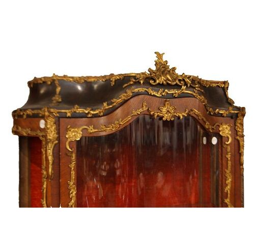 Stunning Louis XV inlaid display cabinet with bronze appliques and caryatids.