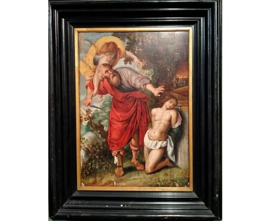 Wonderful oil painting on panel "Sacrifice of Isaac" Italian from the 1500s with a wonderful frame