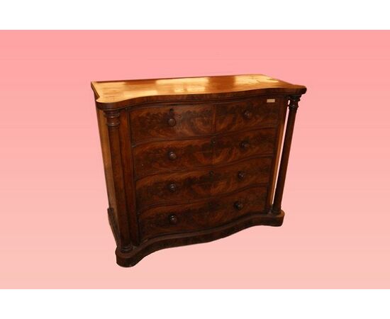 Large and majestic English chest of drawers from the 1800s, Regency style, in mahogany and mahogany feather.