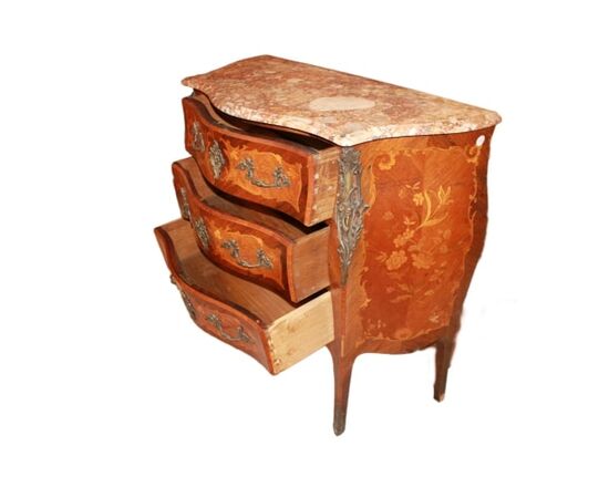 Cassettone di medie dimensioni Francese del 1800 Stile Luigi XV intarsiato