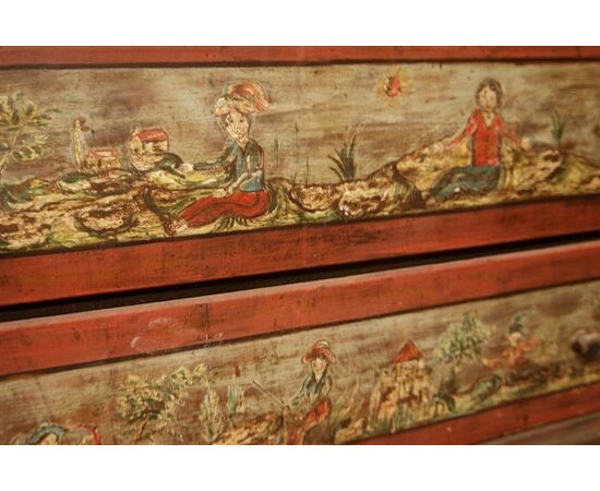 Early 1800s Tyrolean chest of drawers, lacquered and decorated with figures and landscapes