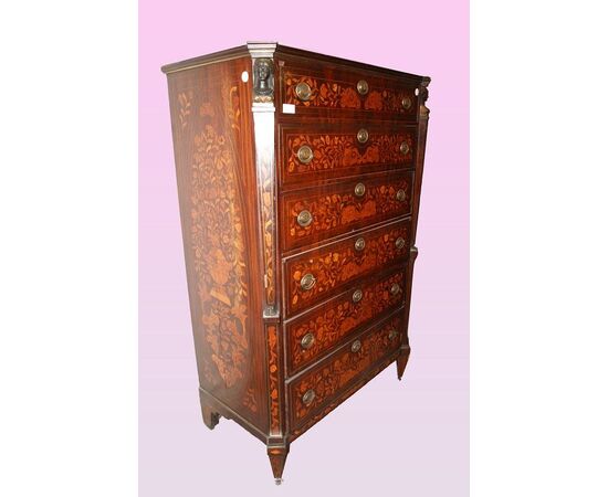 Dutch Empire style highboy from the 1700s in richly inlaid mahogany