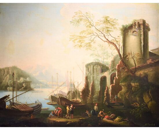 Paesaggio costiero con porto e rovine