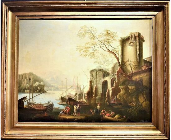 Paesaggio costiero con porto e rovine