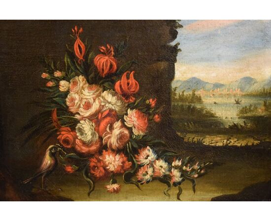 Pair of Floral Still Lifes with Landscapes