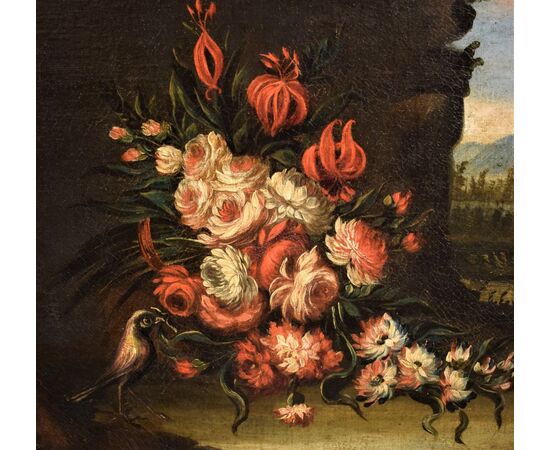 Pair of Floral Still Lifes with Landscapes