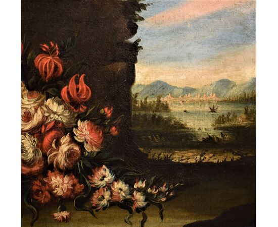 Pair of Floral Still Lifes with Landscapes