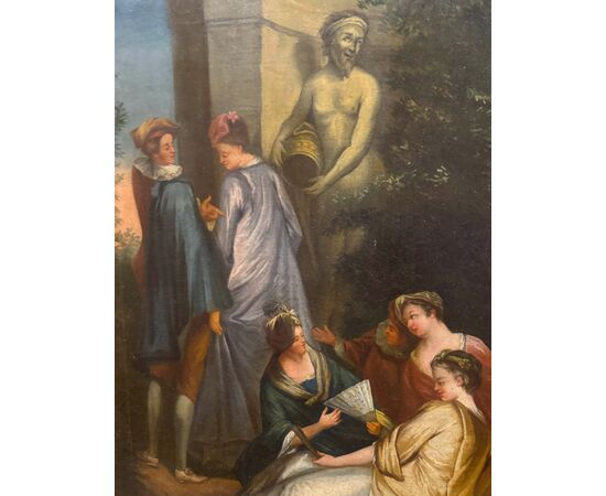 Scena galante – dipinto ad olio su tela, francese, di epoca rococò.